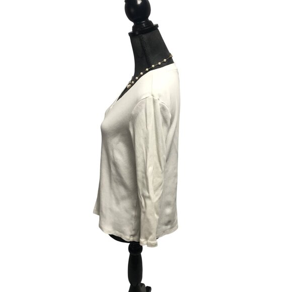 Lands End Ribbed Top Womens Size Large 14-16 White V Neck Shirt Casual Layering - Picture 3 of 7